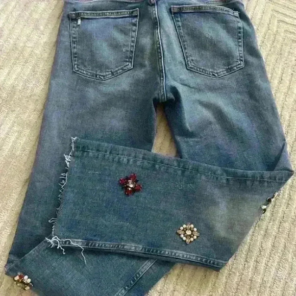 Zara High Rise Denim Blue Sparkly Bead Rhinestones Jewellery Distressed Size 4 - Picture 7 of 8